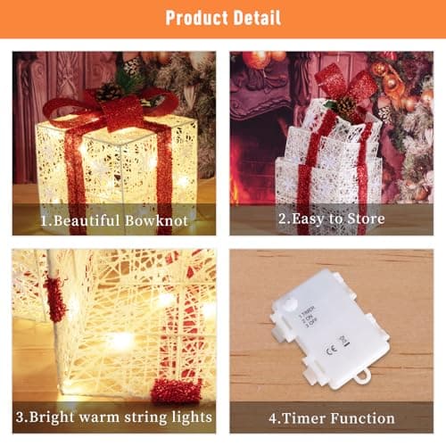 Christmas Decorations, Set of 3 Christmas Lighted Gift Boxes, Battery Operated Xmas Present Boxes, Warm White LED with Bows for Indoor Christmas Tree, Yard, Home Decor - Image 4