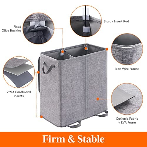 Lifewit Double Laundry Hamper with Lid and Removable Laundry Bags, Large Collapsible 2 Dividers Dirty Clothes Basket with Handles for Bedroom, Laundry Room, Closet, Bathroom, College, 136L Grey - Image 2