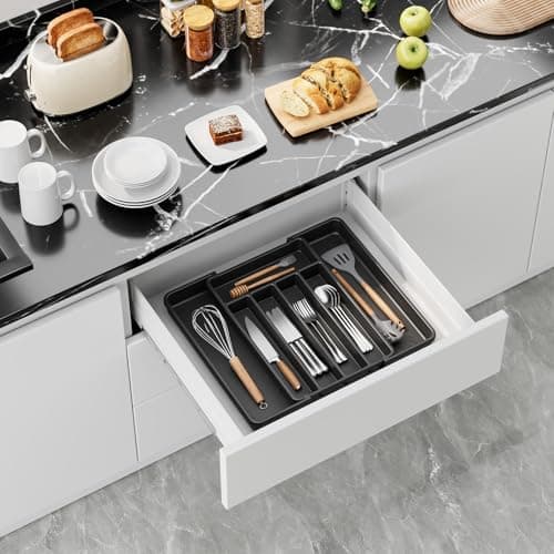 Aujen Silverware Organizer - Expandable Kitchen Drawer Organizer, Adjustable Utensil Organizer, Cutlery Tray for Forks, Knives, Multipurpose Kitchen Organizers and Storage Solution, Black, Medium - Image 7