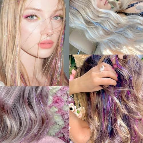 Hair Tinsel,18 Colors Hair Tinsel Kit for Girls 7600 Strands Fairy Tinsel Hair Extensions Holographic Hair Tinsel Heat Resistant Colored Hair Glitter Christmas Party Festival (18 Colors) - Image 5