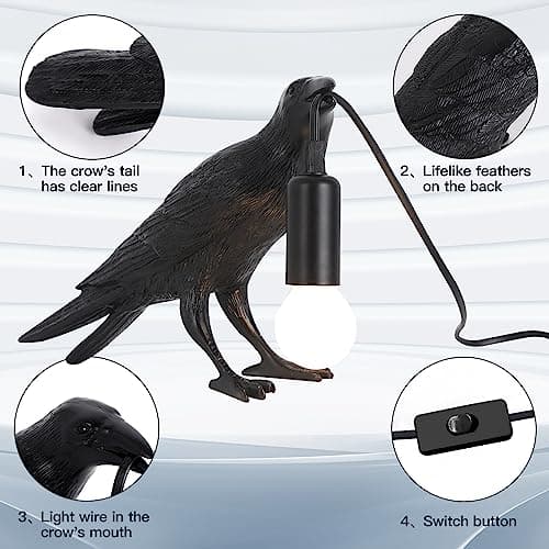 Shandaglo Crow Lamp Raven Table Lamp with Bulb, Gothic Crow Light - Raven Decor for Bedside Bedroom Living Room Decor - Image 8