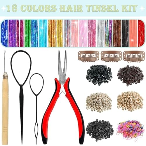 Hair Tinsel,18 Colors Hair Tinsel Kit for Girls 7600 Strands Fairy Tinsel Hair Extensions Holographic Hair Tinsel Heat Resistant Colored Hair Glitter Christmas Party Festival (18 Colors) - Image 2