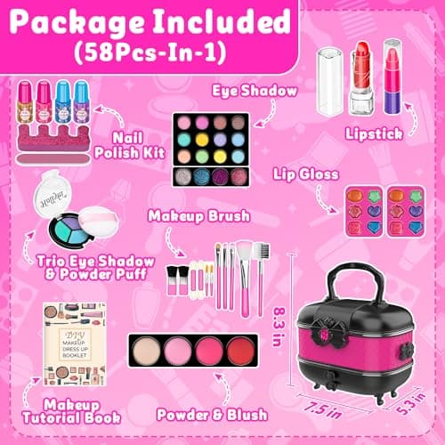 Hollyhi 58 Pcs Kids Makeup Kit for Girl, Princess Toys Real Washable Cosmetic Set with Mirror, Kids Makeup Sets for Girls, Play Make Up Birthday Gifts for 3 4 5 6 7 8 9 10 11 12 Years Old Kid (Rose) - Image 2