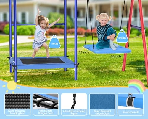 Swing Sets for Backyard, 5-in-1 Toddler Swing Set Outdoor for Backyard for Kids 3-12, Heavy Duty Extra Large Kids Metal Swing Set with 3 Swings Trampoline Basketball Hoop - Image 3
