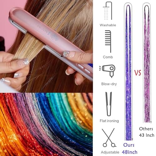 Hair Tinsel,18 Colors Hair Tinsel Kit for Girls 7600 Strands Fairy Tinsel Hair Extensions Holographic Hair Tinsel Heat Resistant Colored Hair Glitter Christmas Party Festival (18 Colors) - Image 6