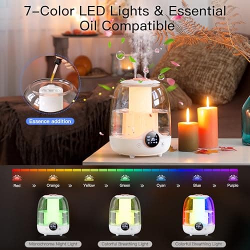 Humidifiers for Bedroom, 3L Tank for 30H 20dB Quiet Mist Time, Dual Nozzles, LED Lights, Smart Timer (2/4/8 Hours), Auto Shut-Off, Perfect for Baby and Large Rooms, (White) - Image 5