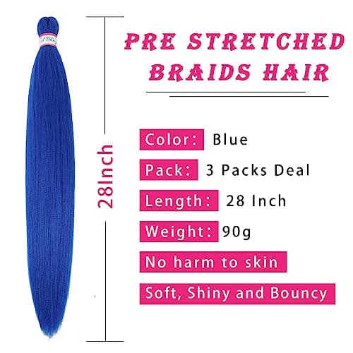 Col Bling Blue Braiding Hair Pre Stretched, 28 Inch Long Braid Hair Extensions for Women, Box Braids Hair Yaki Texture, Professional Synthetic, Softness, Knotless Easy to Install - Image 2