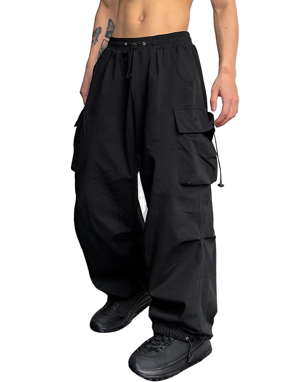 ZAFUL Flat Pocket Parachute Pants for Men Casual Baggy Cargo Pants Unisex Street Y2K Pants Drawstring Trouser 1-black XX-Large