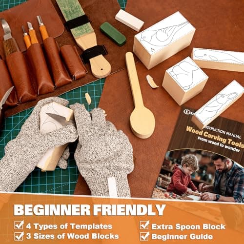 Wood Carving Kit, 32Pcs Wood Carving Tools with PU Storage Bag, Wood Whittling Knife Kit with 4pcs Templates & 11pcs Wood Carving Knives for Wood DIY Beginners - Image 3