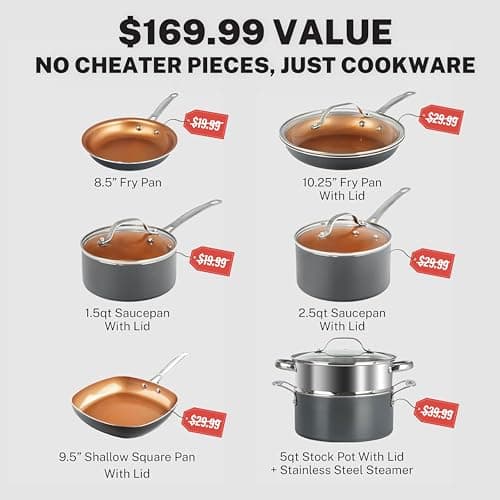 Gotham Steel 12 Pc Ceramic Cookware Set Nonstick, Ceramic Pots and Pans Set Non Stick with Steamer for Cooking, Non Toxic PFOA PFOS Free, Ergonomic Stay Cool Handles, Oven & Dishwasher Safe, Copper - Image 2