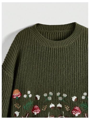 SHENHE Women's Oversized Embroidered Mushroom Sweater Crewneck Chunky Knit Sweater Pullover Army Green X-Large - Image 4