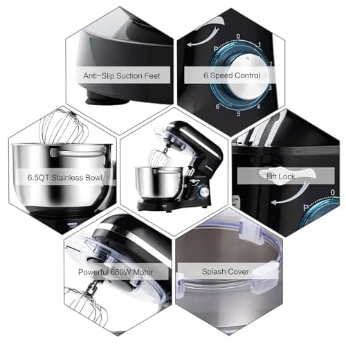Aucma Stand Mixer,6.5-QT 660W 6-Speed Tilt-Head Food Mixer, Kitchen Electric Mixer with Dough Hook, Wire Whip & Beater (6.5QT, Black) - Image 3