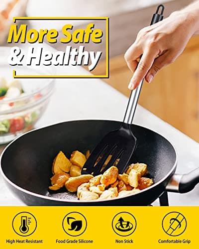 Pack of 2 Silicone Solid Turner, Non Stick Slotted Kitchen Spatulas, High Heat Resistant BPA Free Cooking Utensils, Ideal Cookware for Fish, Eggs, Pancakes(Black) - Image 5