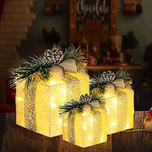 Hourleey Set of 3 Christmas Lighted Gift Boxes, Pre-lit 60 LED Light Up Present Boxes Ornament Outdoor Warm White Tinsel Boxes Decoration for Indoor Christmas Home Yard Lawn Decor - Image 7