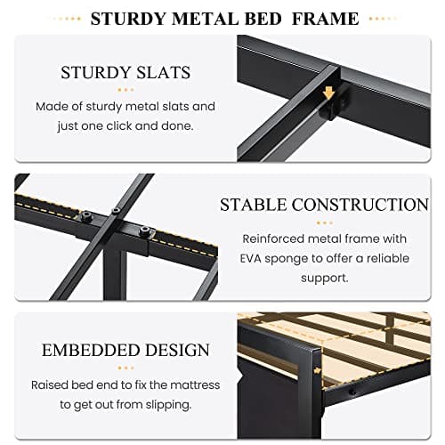 SHA CERLIN Queen Size Bed Frame with Modern Headboard, Heavy Duty Platform Metal Base with Square Footboard and 13 Strong Slats Support, No Box Spring Needed, Black - Image 5