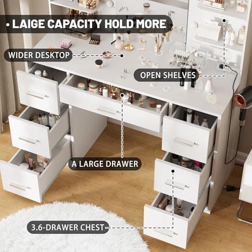 Furmax Vanity Desk with Mirror, LED Lights and Power Outlet Makeup Vanity Table with 7 Drawers and 6 Storage Shelves Dressing Table for Bedroom Dressing Room (White) - Image 5