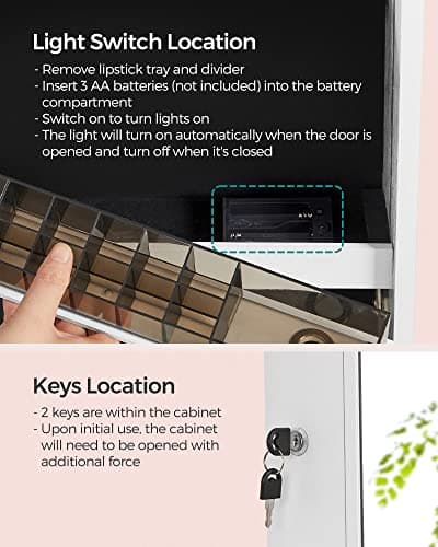 SONGMICS Mirror Jewelry Cabinet Standing Armoire Organizer, Jewelry Storage with Full-Length Frameless LED Lights, Built-in Makeup Mirror, 2 Drawers, Lockable, White UJJC023W01 - Image 8