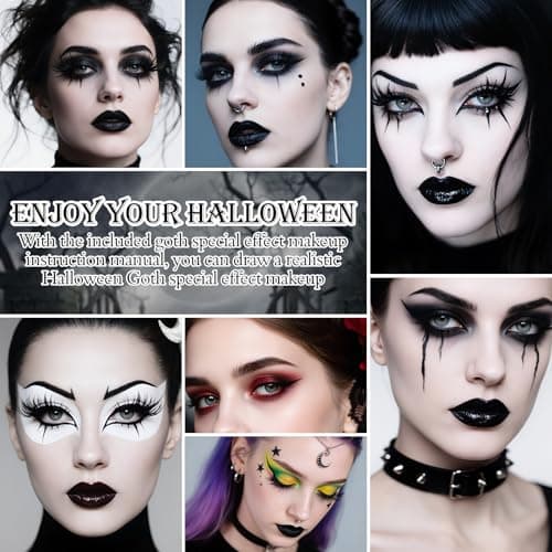 CAHOTO Halloween Goth SFX Makeup Kit, Complete Gothic Makeup Set Include White Liquid Foundation, Eyeliner, Setting Powder, Eyeshadow & Black Lipstick for Halloween Cosplay, Carnival, Theater - Image 6