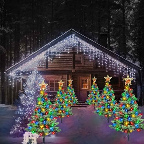 Upgraded Set of 2 Solar Christmas Tree, Outdoor Christmas Decorations,Prelit Xmas Tree w/ 100 LED Multi-color C6 String Lights for Outsdie Holiday Display Yard Front Porch Pathway Grave Cemetery Decor - Image 8