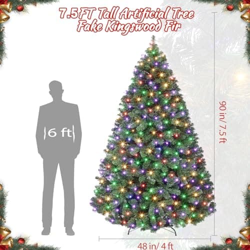 7.5ft Prelit Christmas Tree - Fluffy Fraser Fir with 600 Multicolor Lights & 9 Modes, Hinged Branches & 1300 Tips, Artificial Christmas Tree Includes Stand with Foot Switch for Holiday Home Decor - Image 3