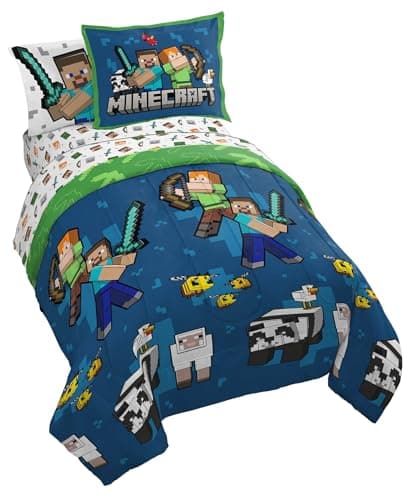 Jay Franco Minecraft Twin Comforter Set - 5 Piece Bedding Includes Sheet Set & Pillow Covers - Super Soft Kids Bedding Features Creeper & Zombie