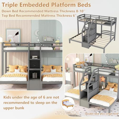 Bellemave Twin Over Twin Bunk Bed for 3, Wood Triple Bunk Beds with Stairs, 3 Bunk Beds with Storage for 3 Kids, Boys, Girls, Teens, Adults No Box Spring Needed (Gray) - Image 4