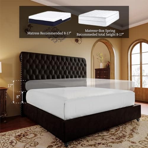 PaPaJet King Bed Frame Upholstered Platform Bed Frame with 52.8'' Tall Sleigh Headboard, Button Tufted, No Box Spring Needed, Easy Assembly, Black - Image 5