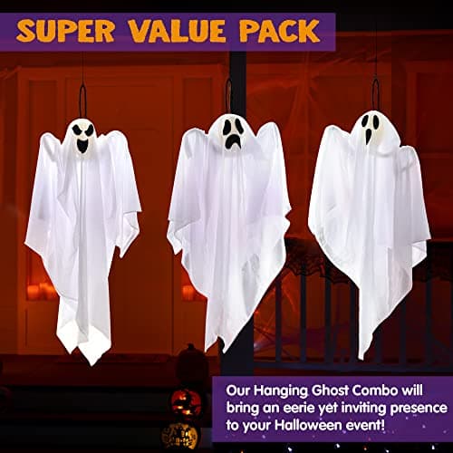 JOYIN 3 Pack Halloween Party Decoration 27.5" Hanging Ghosts, Cute Flying Ghost for Front Yard Patio Lawn Garden Party Décor and Holiday Decorations - Image 2