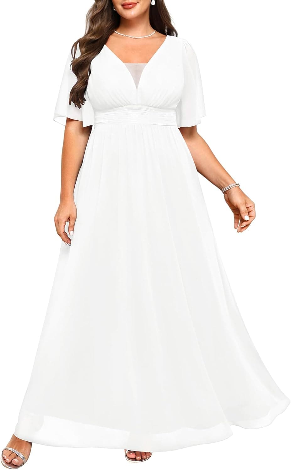 Plus Size Formal Dresses - V Neck Flutter Sleeves Evening Gowns Bridesmaid Wedding Guest Chiffon Long Maxi Dress White 18 Plus - Image 2