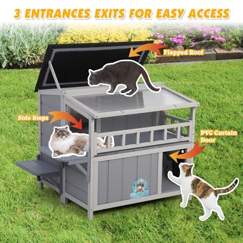 Outdoor Cat House, 2-Tier Warm Wood Cat Shelter with Sunlight Roof, Balcony, Jumping Platforms, Kitty Pet Porch Enclosure, Weatherproof, Openable, Gray - Image 5