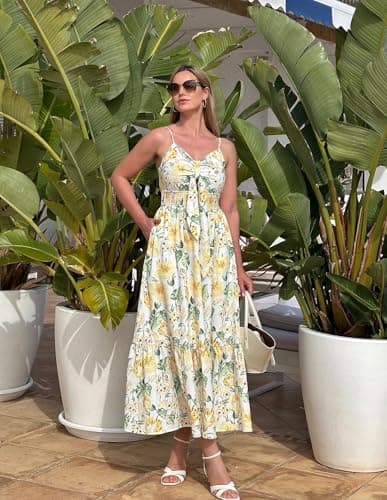 Women 2025 Summer Dress Floral Boho Dress Casual Sleeveless Ruffle A-Line Flowy Wedding Guest Maxi Dresses - Image 2