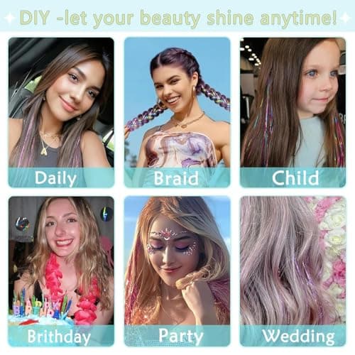 Hair Tinsel,18 Colors Hair Tinsel Kit for Girls 7600 Strands Fairy Tinsel Hair Extensions Holographic Hair Tinsel Heat Resistant Colored Hair Glitter Christmas Party Festival (18 Colors) - Image 4