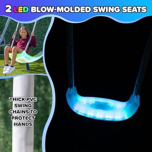 Sportspower Shooting Star Metal Swing Set w/ 2 LED Swings, Padded Saucer Swing with LED Light up Tent and 5' Double Wall Blow Molded Slide - Image 4