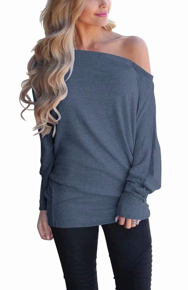 Lacozy Women's Off Shoulder Long Sleeve Oversized Pullover Sweater Knit Jumper Loose Tunic Tops Grey Blue Large