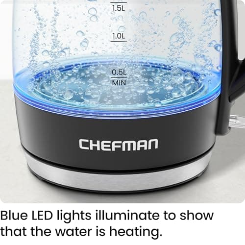 Chefman Electric Kettle, 1.8L 1500W, Hot Water Boiler, Removable Lid for Easy Cleaning, Auto Shut Off, Boil-Dry Protection, Stainless Steel Filter, BPA Free, Borosilicate Glass Electric Tea Kettle - Image 4