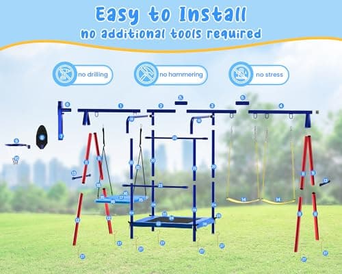 Swing Sets for Backyard, 5-in-1 Toddler Swing Set Outdoor for Backyard for Kids 3-12, Heavy Duty Extra Large Kids Metal Swing Set with 3 Swings Trampoline Basketball Hoop - Image 8