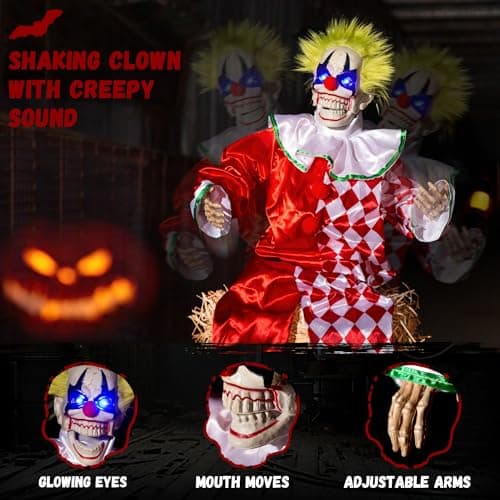 Halloween Animatronic Sitting Clown Decoration–Sound Activated Creepy Clown Prop with Shaking Body, Glowing Eyes & Scary Voice–Indoor/Outdoor Halloween Decor for Yard, Haunted House, Party (48") - Image 2