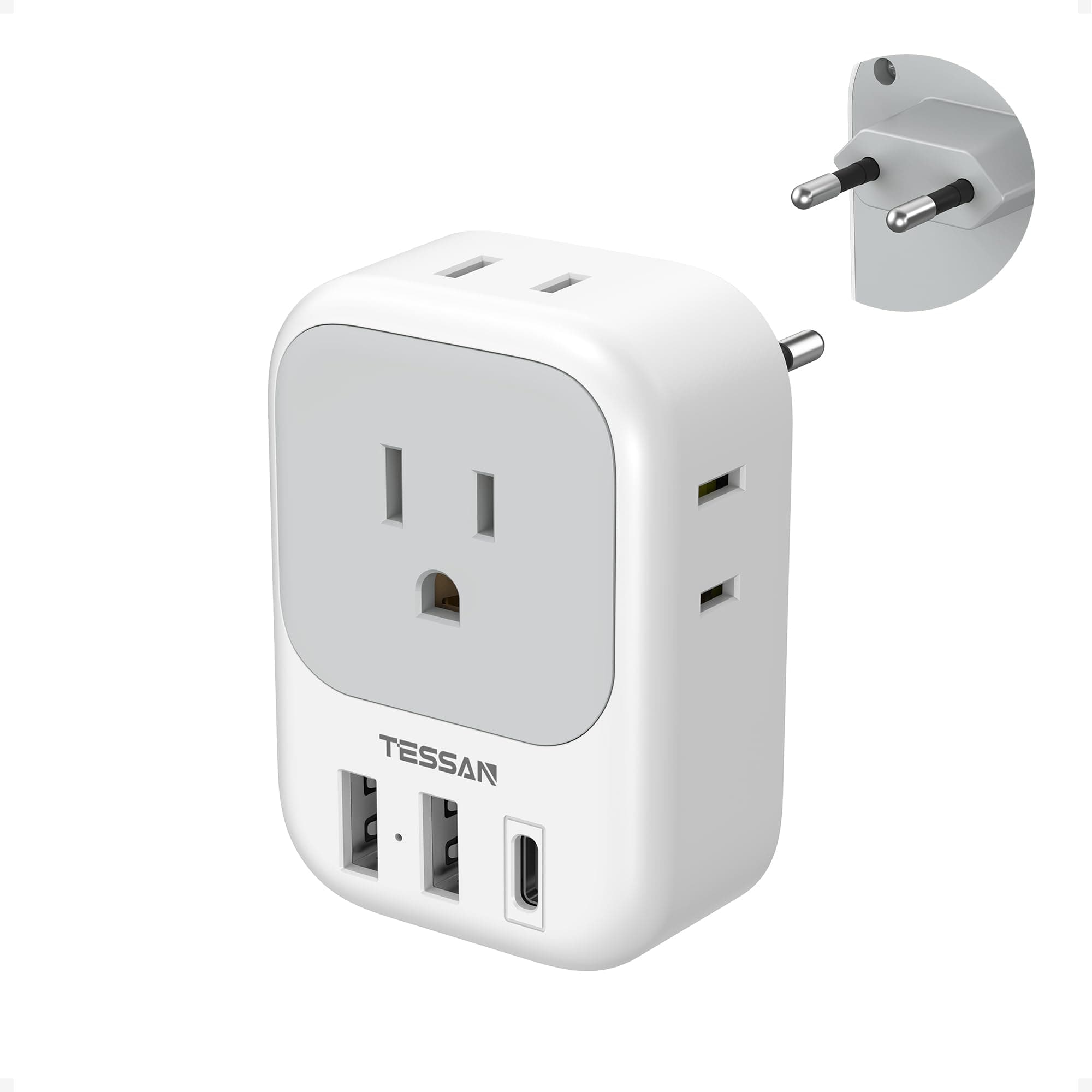European Travel Plug Adapter USB C, TESSAN International Plug Adapter na may 4 AC Outlets at 3 USB Charging Ports, Type C Europe Power Adaptor para sa US to EU France Germany Iceland Spain Italy Type C-puti abo