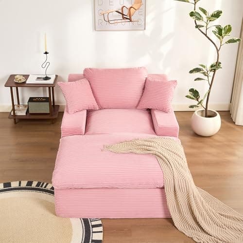 63" Oversized Chaise Lounge Chair Indoor, Extra Cloud Layer, Convertible Sleeper Sofa Couch with Removable Pillows & Side Pockets, Corduroy Upholstered Sofa Bed with Armrests for Living Room, Pink - Image 9