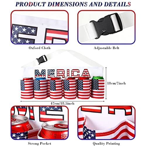 Canlierr 2 Pcs Halloween Costume America Beverage Beer Belt Holder and Mullet Wigs Headband 4th of July Patriotic USA Flag Beer Gift for Men Christmas - Image 2