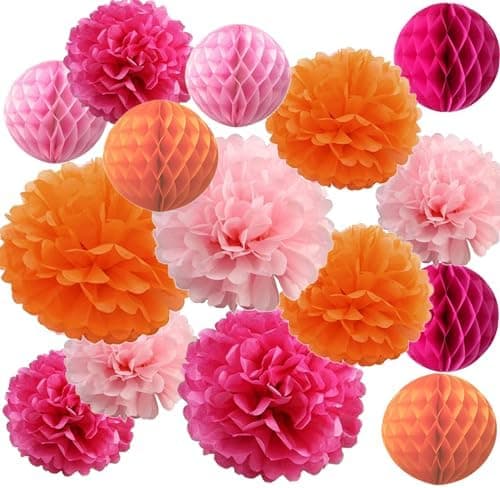 Amazon.com: 15PCS Hot Pink Orange Party Decorations Tissue Paper Flowers Pom Poms Honeycomb for Girl Groovy Birthday Baby Shower Wedding Bachelorette Summer Flamingo Party Nursery Wall Hanging Décor : Home & Kitchen - Image 2
