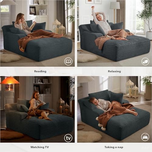 50 Inch Chaise Lounge Chair Indoor, Oversized Corduroy Upholstered Boneless Sofa Bed, Deep Seat Sleeper Couch Reading Chairs, Cloud Sofas Couches for Living Room, No Assembly Required (Dark Grey) - Image 6