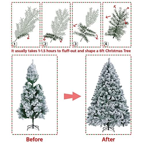 Yaheetech 6ft Pre-lit Artificial Christmas Tree with Incandescent Warm White Lights, Snow Flocked Full Prelighted Xmas Tree W/820 Branch Tips, 250 Incandescent Lights & Foldable Stand, Green & White - Image 7