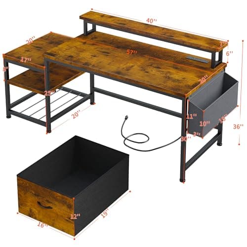 EnHomee 57" Office Desk with Drawers and Printer Space,Computer Desk with Power Outlets,Home Office Desks with File Drawers Cabinet,Study and Gaming Desk with Shelves Monitor Stand,Rustic Brown - Image 2