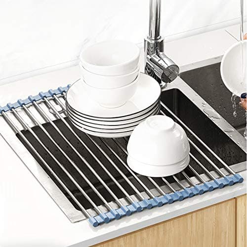 MECHEER Over The Sink Dish Drying Rack, Roll Up Dish Drying Rack Kitchen Dish Rack Stainless Steel Sink Drying Rack, Foldable Dish Drainer, Gray - Image 2