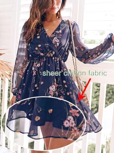 CUPSHE Women's Dress V Neck Floral Chiffon A-Line Casual Flowy Long Peasant Sleeves Plus Size Elastic Casual Mini Spring Dress Navy, XXL - Image 3