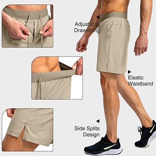 Men's Running Shorts with Zipper Pockets 7 Inch Lightweight Quick Dry Gym Athletic Workout Shorts for Men (Khaki, L) - Image 4