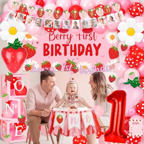 Kriyokiaa Berry First Birthday Decor Strawberry 1st Birthday Decorations for Girls with Balloon Arch, Highchair Banner Strawberry Theme Backdrop, Photo Banner, Cake Topper - Image 6
