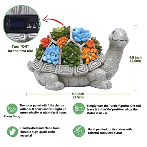 Nacome Garden Outdoor Statues Turtle with Succulent and 7 LED Lights - Lawn Decor Tortoise Statue for Patio, Balcony, Yard Ornament - Unique Housewarming Gifts - Image 4