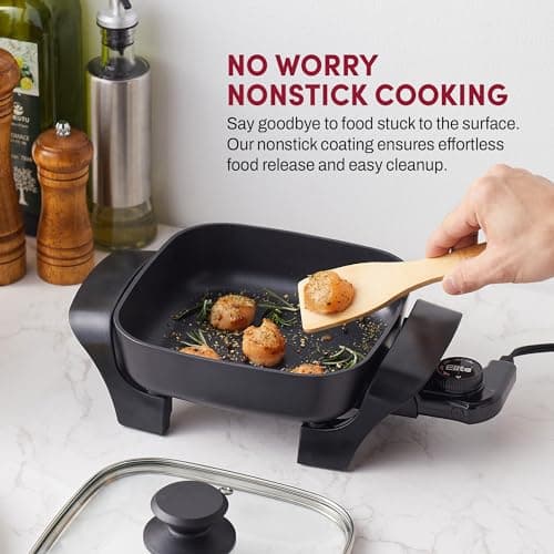 Elite Gourmet EG808 8” x 8" Non-stick Electric Skillet, Dishwasher Safe with Tempered Glass Vented Lid, Rapid Heat Up, 600W, Black - Image 3
